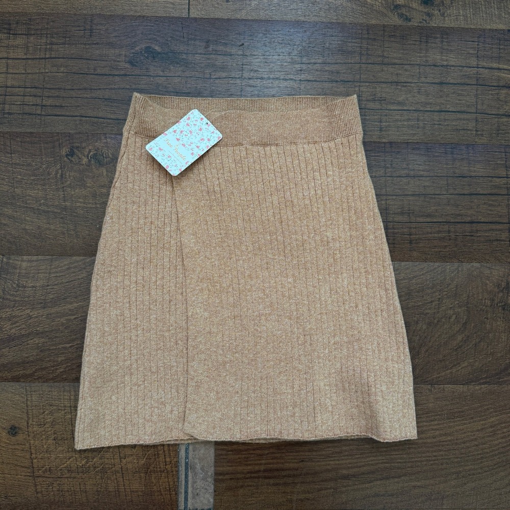 Free People Mod Wrap Skirt Women XS Caramel Heather Ribbed Knit Mini Skirt NEW